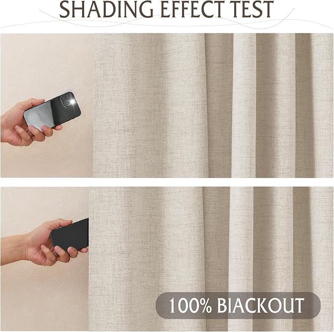RYB HOME Linen Textured 100% Blackout Curtains Pinch Pleated & Back Tab Drapes Privacy Thermal Insulating for Living Room Kitchen Dining Bay Window, W 42 x L 90 inches, Linen, 2 Panels