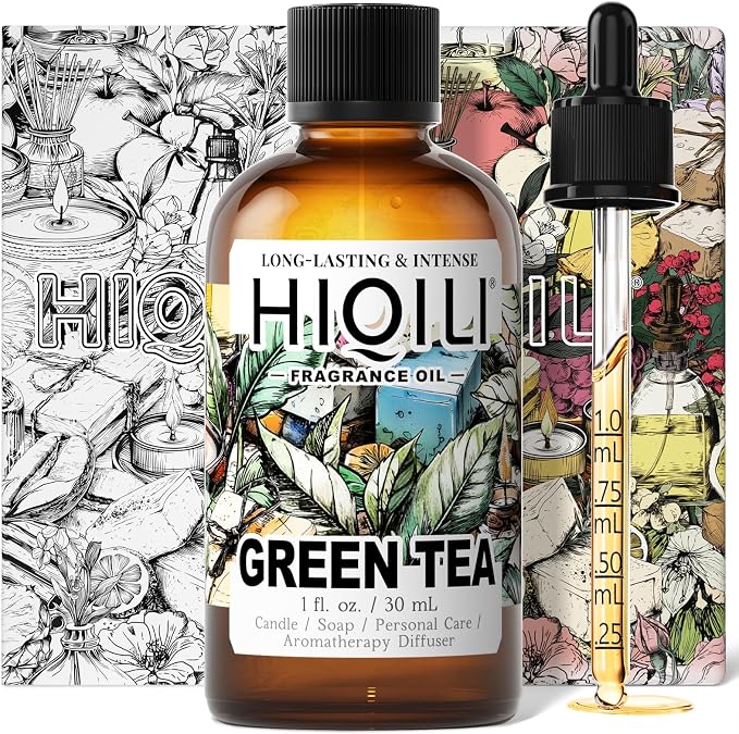 HIQILI Green Tea Fragrance Oil, Refreshing Scents for Laundry - 1 Fl Oz | Long-Lasing Aroma for Wool Dryer Balls, Candle & Soap Making, Home Diffusers, Pet Safe, Graduated Dropper Included
