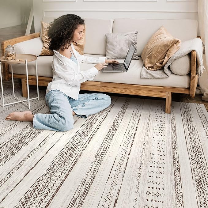 Tortania Area Rug Living Room Rugs - 5x8 Washable Large Soft Neutral Boho Moroccan Bohemian Farmhouse Rug Indoor Floor Carpet for Bedroom Under Dining Table Home Office Decor - Brown Beige