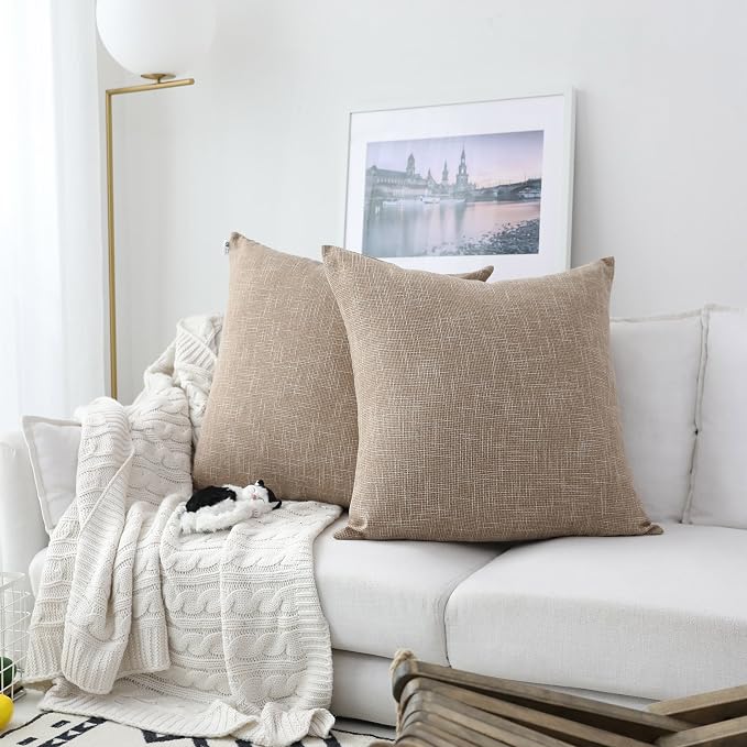 Kevin Textile Decor Burlap Pillow Covers Natural Style Lined Linen Throw Pillow Cases Cushion Cover for Bed/Sofa, 26x26 inch(2 Pieces, Natural Linen)
