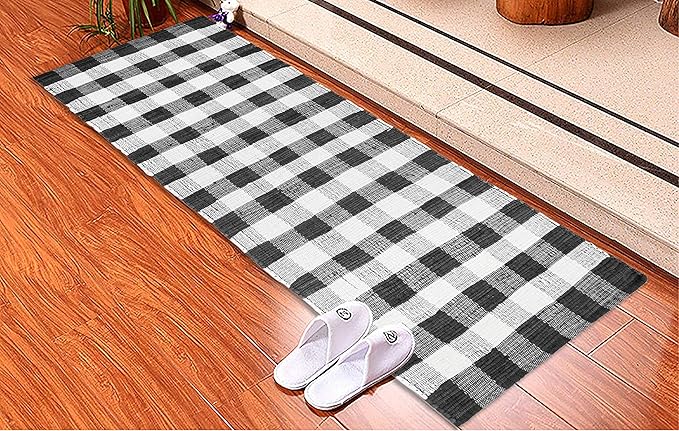 GLAMBURG Cotton Reversible Area Runner Rug 2' x 6' for Bedroom Living Room Kitchen Hallways Front Porch Laundry Room, Handwoven Farmhouse Floor Mat, Washable Checkered Plaid Runner Rug Black White