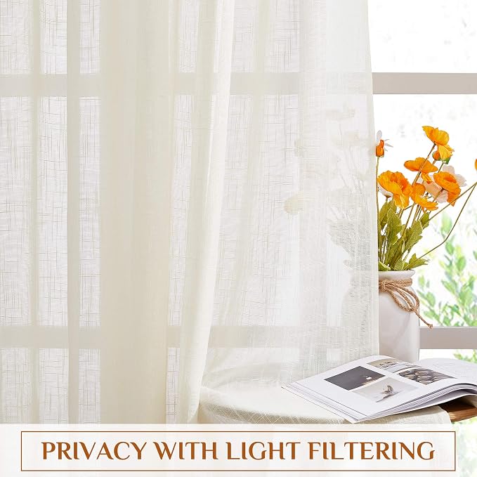 NICETOWN Semi Sheer Curtains 63 inches Long for Bedroom, Rod Pocket & Back Tab Faux Linen Window Treatments Privacy with Light Filter Farmhouse Sheer Drapes for Living Room, Natural, 52" Width, 2 PCs
