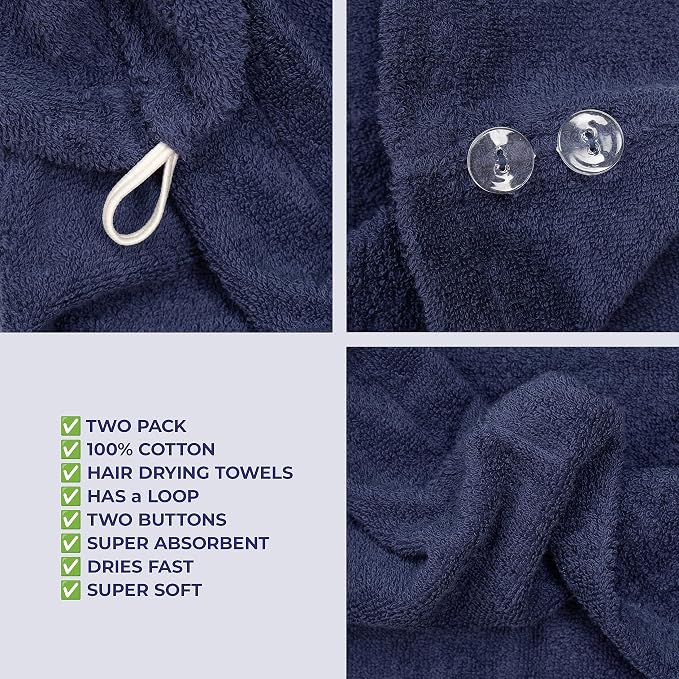 American Soft Linen 100% Cotton Hair Towels for Women, Head Towel Cap, Cotton Hair Turban Towel Wrap for Long Curly Anti Frizz Hair, Soft and Absorbent Cotton Hair Towels 2 Pack, Navy Blue