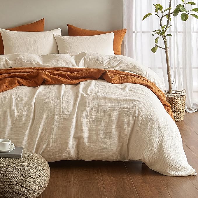 SE SOFTEXLY Muslin Duvet Cover Twin Size, 100% Washed Cotton Duvet Cover Set, Ultra Soft Comforter Cover Linen Like, 2 Pieces Minimalist Gauze Duvet Cover with 1 Pillowcase, 68"x90", Off-White