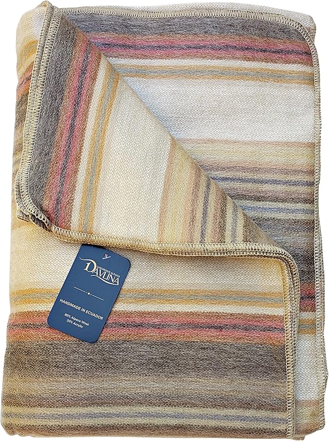 DAVLINA, Alpaca Wool Throw Blanket | Super Soft, Lightweight, Breathable and Hypoallergenic | Non-Itchy or Scratchy (Beige Brown Varicolored, Striped)