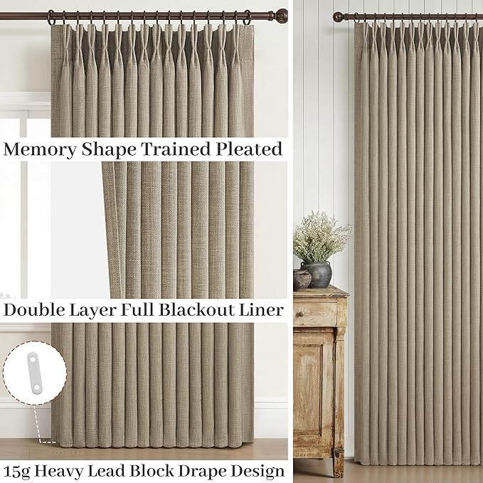 Pinch Pleated Oak Taupe Curtains 90 Inches Long for Patio Sliding Glass Doors 2 Panels Set, Memory Trained Blackout Double Layer Heavy Linen Blend Thermal Noise Cancelling Country Viral Windows Drapes
