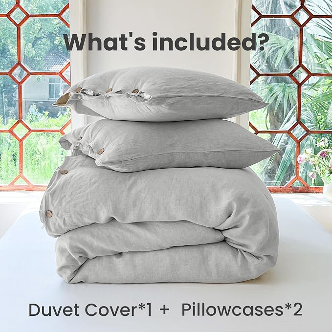 Simple&Opulence 100% Linen Duvet Cover Set 3pcs with Coconut Button Closure Natural French Washed Flax Solid Color Soft Breathable Farmhouse Bedding - Light Grey, Queen Size