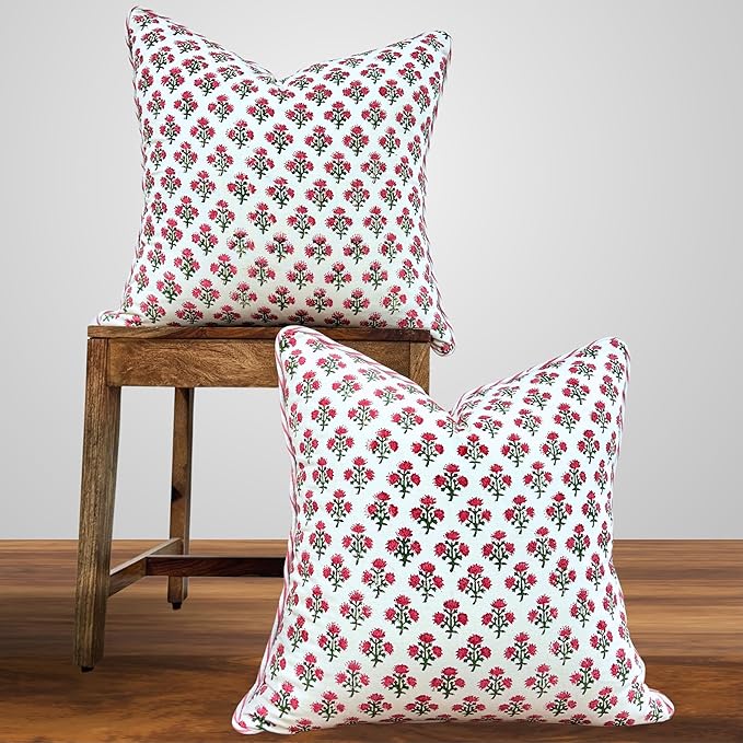 ATOSII Block Print Boho Throw Pillow Covers, 24 X 24, Set of 2, Decorative Couch Pillows for Living Room, 100% Cotton Canvas Acccent Pillows, Christmas Thanksgiving Fall Preppy Throws - Gulbahar Pink