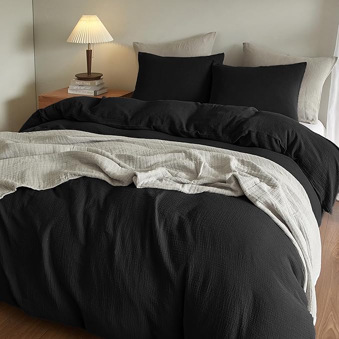 SE SOFTEXLY Muslin Duvet Cover King Size, 100% Washed Cotton Duvet Cover Set, Ultra Soft Comforter Cover Linen Like, 3 Pieces Minimalist Gauze Duvet Cover with 2 Pillowcases, 90"x104", Black