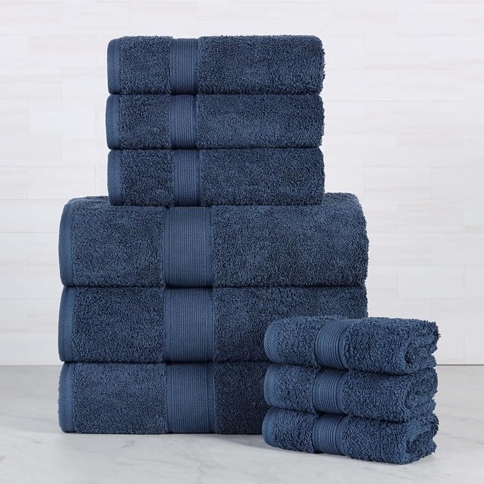 Superior 100% Organic Cotton 9-Piece Towel Set, 3 Bath Towels, 3 Hand Towels, 3 Face Towels/Washcloth, Daily Use, Bathroom, Guest Bath, Absorbent, Home Essentials, Oregon Collection, Navy Blue