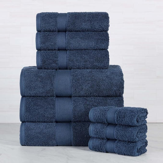 Superior 100% Organic Cotton 9-Piece Towel Set, 3 Bath Towels, 3 Hand Towels, 3 Face Towels/Washcloth, Daily Use, Bathroom, Guest Bath, Absorbent, Home Essentials, Oregon Collection, Navy Blue