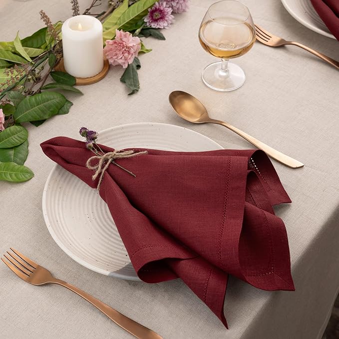 Signature Linen™ by D'Moksha Red Garnet Dinner Napkins Set of 8, 20 x 20 Inch Cloth Napkins, 100% Pure Linen, Hemstitch, Machine Washable Table Napkins- Summer, Father's Day