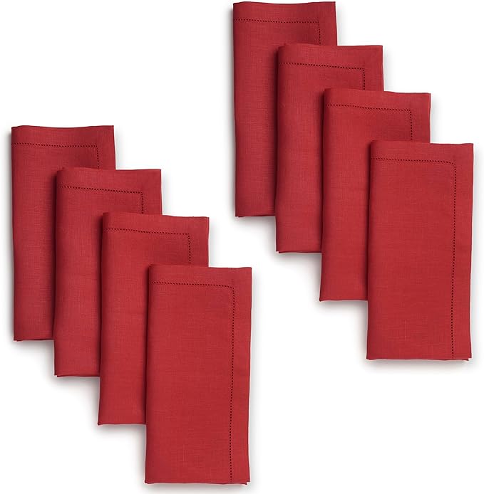 Signature Linen™ by D'Moksha Racing Red Dinner Napkins Set of 8, 20 x 20 Inch Cloth Napkins, 100% Pure Linen, Hemstitch, Machine Washable Table Napkins- Summer, Father's Day