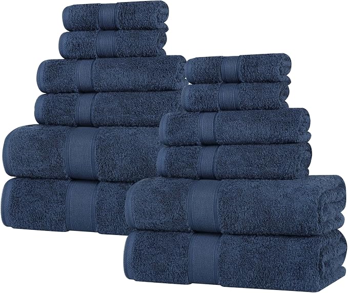 Superior Oregon Organic Cotton 12 Piece Towel Set, Heavyweight Towels for Bathroom Daily Use, Absorbent, Plush Eco-Friendly Bath Essentials, Includes 4 Bath, 4 Hand, 4 Face Towels, Navy Blue