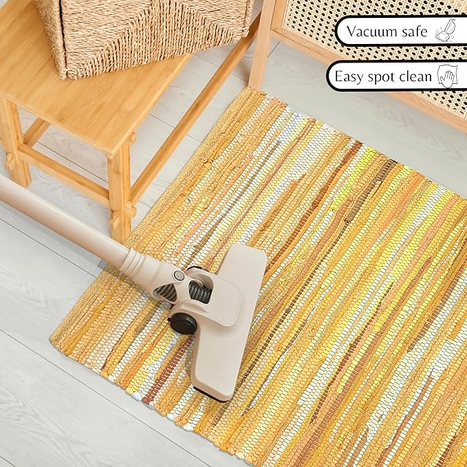 Ramanta Home 100% Cotton Hand Woven Tonal Chindi Rag Rug 2'x3' - Mustard, Recycled Reversible Rug, Boho Rustic Farmhouse Rugs for Living Room, Dinning Room, Kitchen Floor Mats - 24"x36"