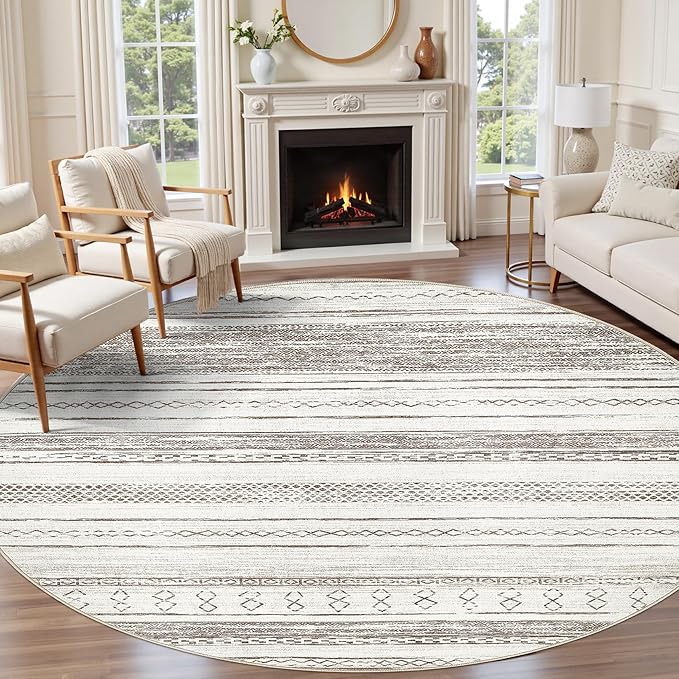 Tortania 5' Round Area Rug Living Room Rugs - Washable Large Soft Neutral Boho Moroccan Bohemian Farmhouse Rug Indoor Floor Carpet for Bedroom Under Dining Table Home Office Decor - Cream/Brown