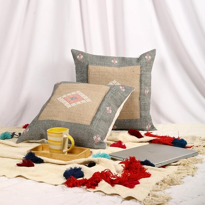 Trade Star Throw Pillow Covers Handwoven Pillowcase Set of 2 Cotton Cushion Covers Designer Pillow Shams Handloomed Rug Decorative Cushion case 18x18 Inches