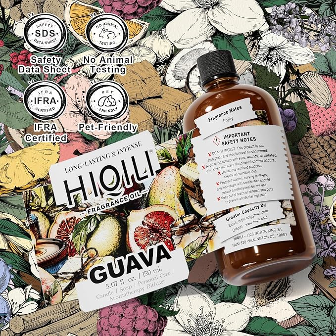 HIQILI Guava Fragrance Oil for Diffuser, Soap & Candle Making - 5.07 Fl Oz | for Bath Bombs Making, Add to Wool Dryer Balls, Long-Lasting Fruity Scent - 150 ML