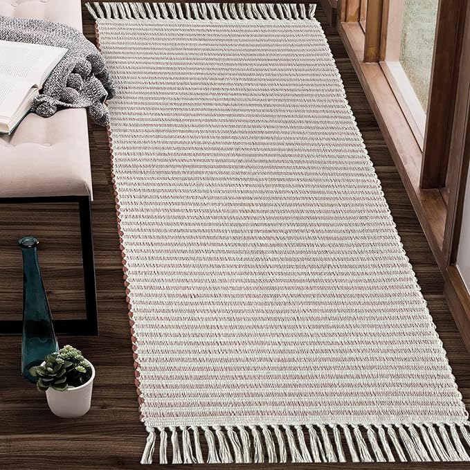Chardin home Rust & Ivory Providence Throw Rug 2x6 feet |Hand Woven Farmhouse Rug | Great in Kitchens entryways doormats Bathrooms Meditation Mat | Machine Washable & Reversible