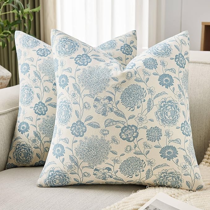 100% Cotton Botanical Throw Pillow Covers Set of 2, 20x20 Inch Light Blue, Farmhouse Double-Sided Floral Print Decorative Cushion Covers Pillow Cases Boho Home Decor