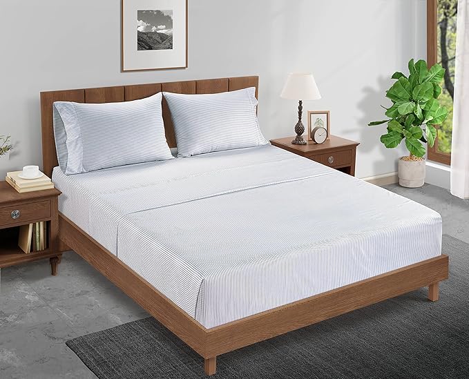 LANE LINEN 100% Organic Cotton Twin Size Fitted Sheet & Pillowcase (No Flat Sheet) - Soft & Breathable Percale Weave Fitted Sheet Set - 15'' Deep Pocket For Snug Fit - GOTS Certified - Ticking Stripe