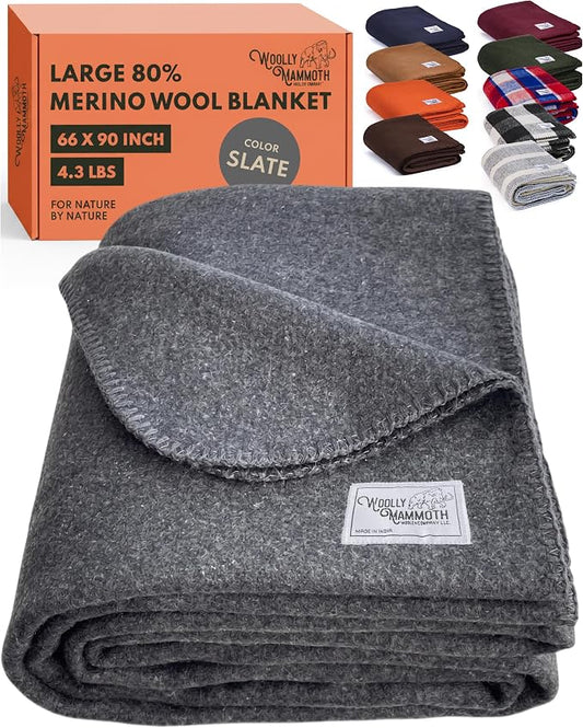 Woolly Mammoth Woolen Co. | Extra Large Merino Wool Camp Blanket | Perfect Outdoor Gear | Bedroll for Bushcraft, Camping, Trekking, Hiking, Survival, or Throw Blanket at the Cabin (Gray), 66" x 90" | Temperature Regulating - Fire-Resistant - Warm Campi...