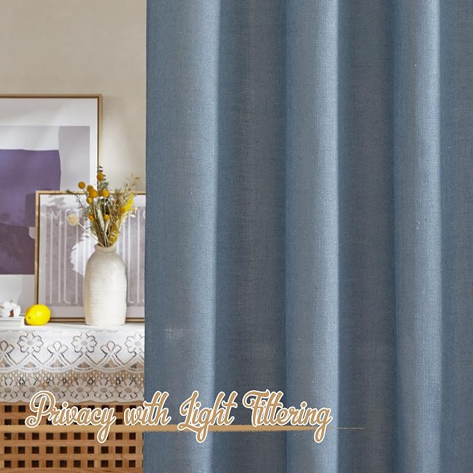 NICETOWN Linen Blend Stone Blue Curtains for Living Room, Rod Pocket & Back Tab Flax Burlap Drapes Semi Sheer Privacy with Light Filtering Window Treatments for Bedroom, W52 x L84, 2 Panels