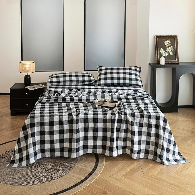 EVERLY Linen Sheets Set King Size,100% French Stonewash Pure Linen Bed Sheets,4Pieces (1Flat Sheet,1Fitted Sheet,2Pillowcase) Suitable for Hot Sleepers,Deep Pocket Natural Bedding Set-Black Plaid