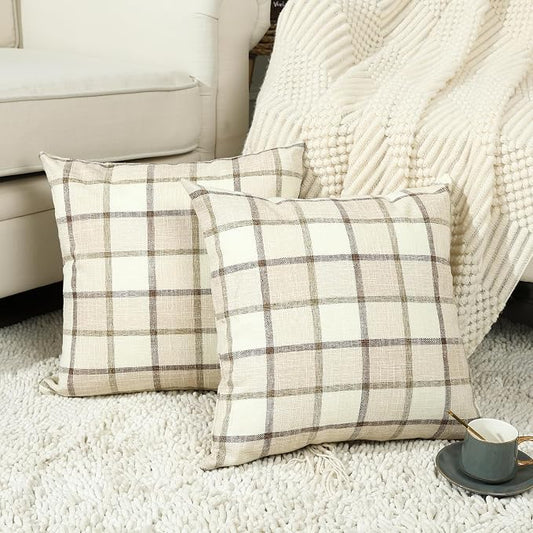 Stellhome Pack of 2 Faux Linen Buffalo Check Throw Pillow Covers, Farmhouse Plaid Decorative Cushion Covers for Couch Sofa Living Room, 26x26 Inch, Beige