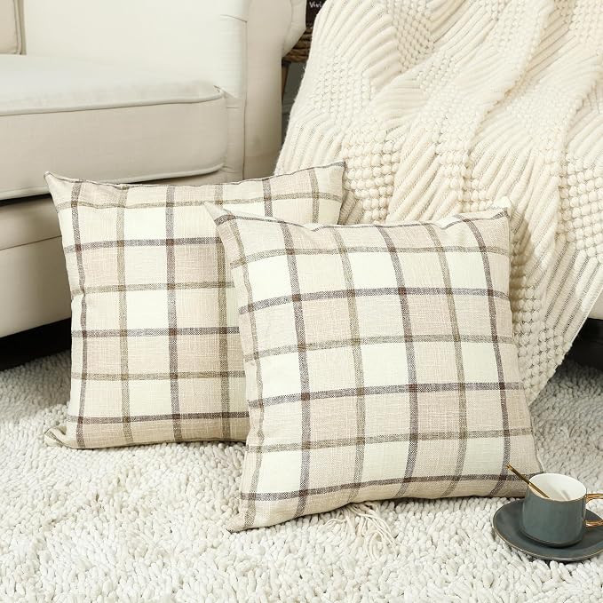 Stellhome Pack of 2 Linen Buffalo Check Decorative Throw Pillow Covers, Farmhouse Plaid Cushion Covers Rustic Retro Decor for Couch Sofa Living Room, 16x16 Inch, Beige