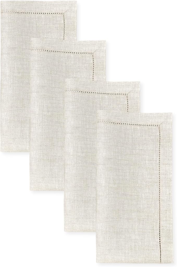 Signature Linen™ by D'Moksha Light Natural Dinner Napkins Set of 4, 20 x 20 Inch Cloth Napkins, 100% Pure Linen, Hemstitch, Machine Washable Table Napkins- Summer, Father's Day