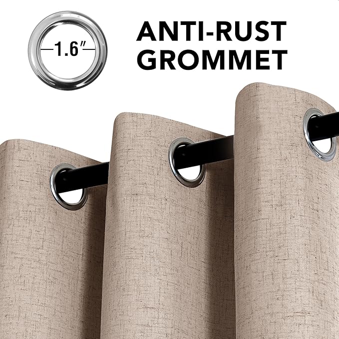 H.VERSAILTEX Linen Curtains 100% Blackout Curtains for Bedroom 90 inch Long Full Light Blocking Nature Linen Blended Window Curtains for Living Room Nickel Grommet (2 Panels, Heathered Sand)