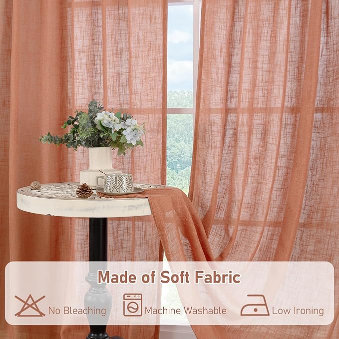 LAMIT Terracotta Linen Curtains for Living Room 84 inch Length 2 Panels, Light Filtering Semi Sheer Panels Back Tab and Rod Pocket Boho Drapes for Bedroom/Farmhouse, 38 x 84 Inch