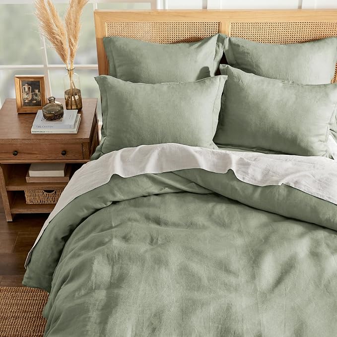 Levtex Home - 100% French Flax Linen - Full/Queen Duvet Cover - French Flax Washed Linen - Sage Green - Duvet Cover Size (90x94in.)
