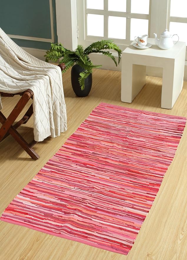 Handmade Cotton Chindi Rug Runner Area Rag Washable Recycled Rugs for Home Décor, Living Room and Bedroom (Pink, 3X5 Feet)