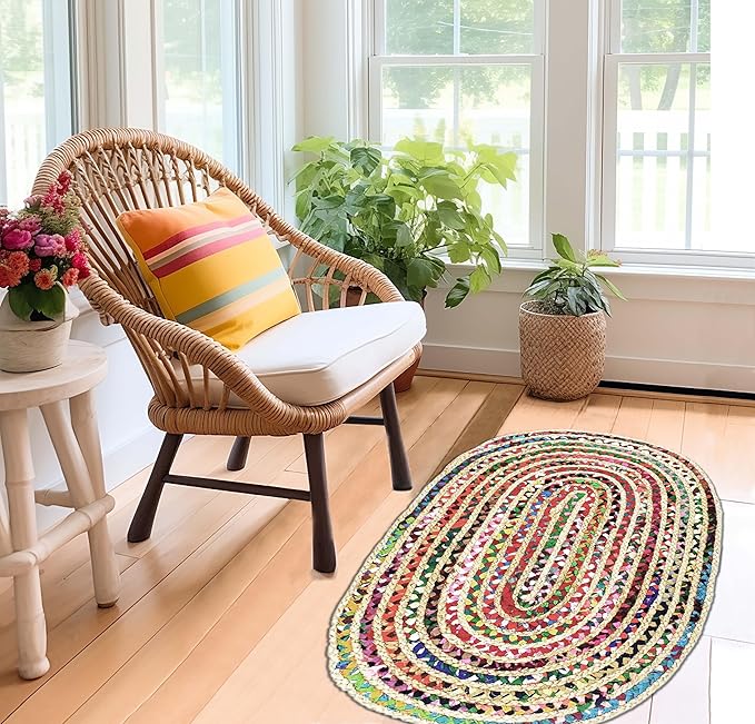 COTTON CRAFT Jute Chindi Braid Rag Rug - Boho Farmhouse Rustic Area Accent Throw Rug - Handwoven Reversible Natural Recycled Cotton- Living Room Den Study Home Décor Gift - 3' x 5' Oval - Multi Color