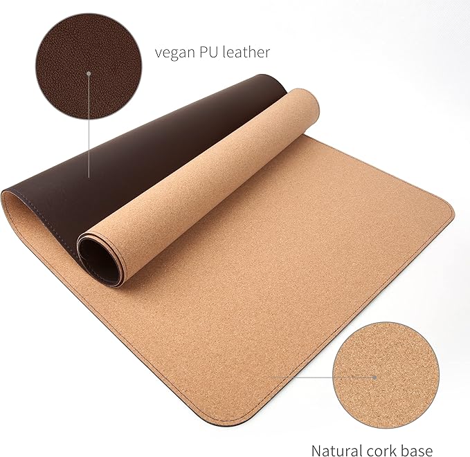 RENMTURE Dual-Sided Mouse Pad, Natural Cork & PU Leather Large Desk Pad for Office and Home Work, Desk Protector Non-Slip, Waterproof, Easy Clean (Dark Coffee, 32"x16")