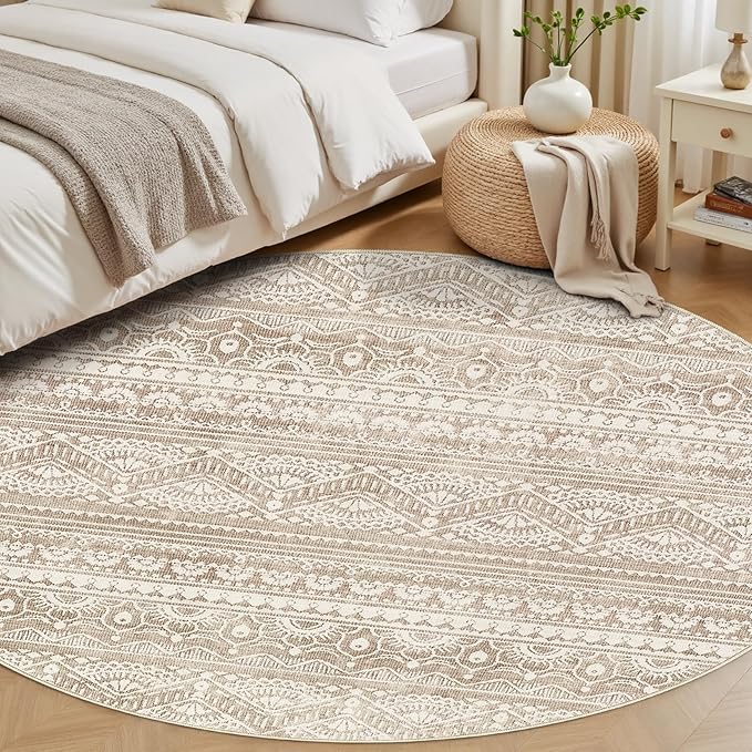 Tortania 10' Round Area Rug Living Room Rugs - Washable Large Soft Neutral Boho Moroccan Bohemian Farmhouse Rug Indoor Floor Carpet for Bedroom Under Dining Table Home Office Decor - Light Brown