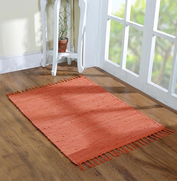 Cotton Rag Rug 24x36'' | 2x3' Multicolor Area Rug - Hand Woven, Washable & Reversible with Tassels - Perfect for Living Room, Kitchen, Entryway, or Bedroom (Solid Orange)