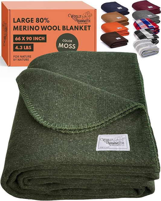 Woolly Mammoth Woolen Company Merino Wool Blanket, 66" x 90" Moss | Temperature Regulating - Fire-Resistant - Warm Camping Blanket for Car Emergency Kits, Picnics, Summer Festivals and Stadiums