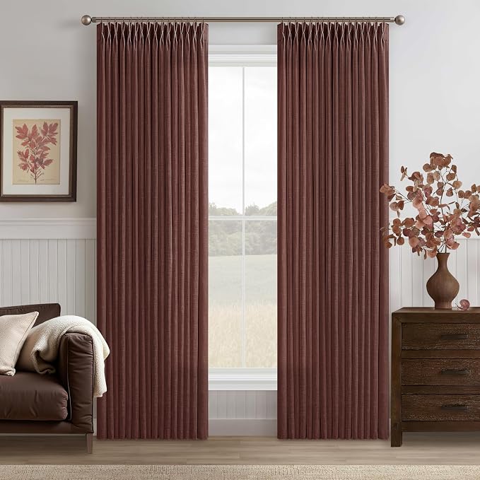 Chestnut Brown Pinch Pleated Linen Curtains 84 Inches Length Light Filtering Back Tab Red Brick Pleat Curtain for Living Room Bedroom 84 Inch Long 2 Panels Memory Trained Window Drapes with Rings