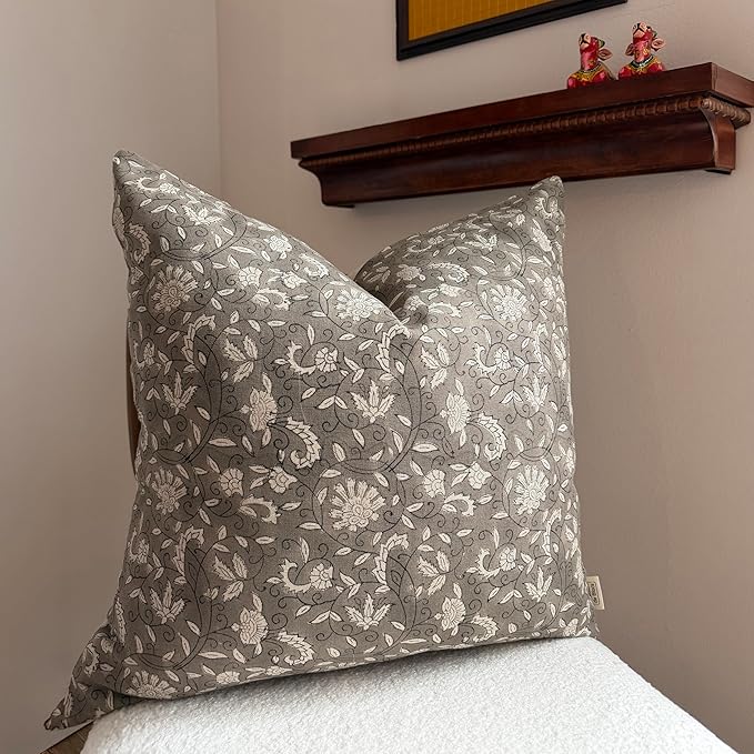 Hand-Block Printed, Artisan-Made Neutral Accent Throw Pillow Covers- 100% Cotton Cushion for Sofa, Bed, Chair, Home Decor, Boho, Indoor - Lina (Greige_2, 20" x 20")