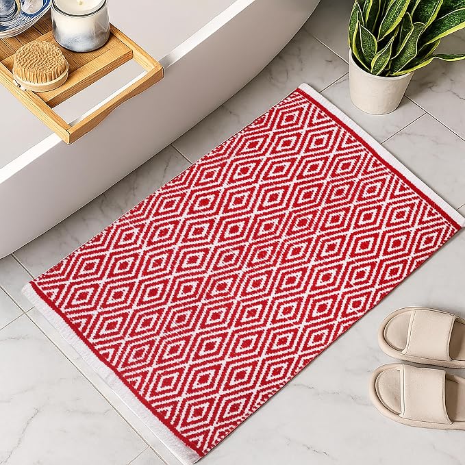 Ramanta Home 100% Cotton Diamond Handwoven Reversible Rug 21x34 Inch– Red| Soft Washable Area Rug for Bathroom, Kitchen, Bedroom, Entryway | Durable Lightweight Handmade Accent Floor Mat | Boho Déco
