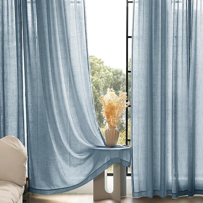 Dusty Blue Linen Curtains for Living Room Back Tab Light Filtering Semi Sheer Bedroom Curtain Linen Cotton Textured Grey Blue Drapery Panel Airy Modern Farmhouse Aesthetic Decor 52x102 Long