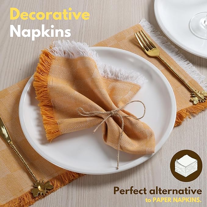 Native Fab Cloth Napkins Set of 4, 16"x16", Herringbone Weave, 100% Cotton Napkins with Handmade Fringes, Resuable Table Napkins for Dinner, Cocktail, Holiday, Wedding - Mustard Yellow