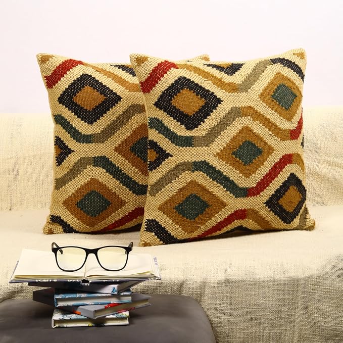 Trade Star 70% Jute 30% Wool Throw Cushion Cover Decorative Pillow Highly Durable Quality Handwoven Cushion Case Rug Pillowcase Set of 2 Kilim Pillow Cover Thick Rug Designer Case