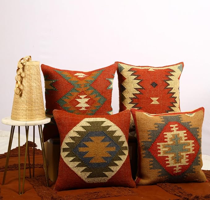 Trade Star 70% Jute 30% Wool Cushion Cases Ethnic Pillow Shams Rug Pillow Covers Handloomed Pillow Cases Throw Pillow Cover Handwoven Pillowcase Set of 4 Kilim Cushion Covers (Kilim 2)