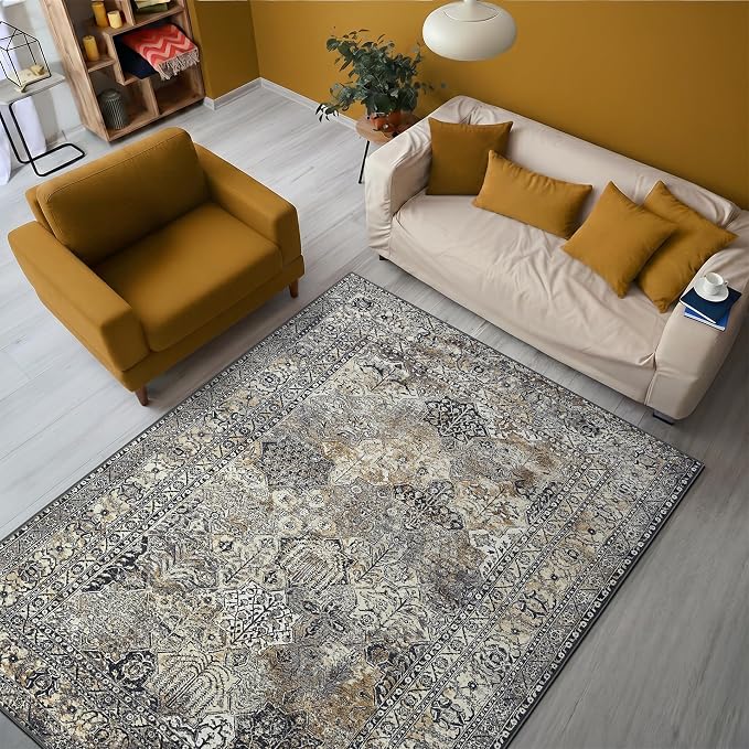 Keen Home Design 5x7 Rug - Machine Washable Area Rug with Non-Slip Backing, Ideal for Living Room, Dining Room, Bedroom - Vintage, Easy Clean, Durable, Low Pile Rug - (5' x 7')