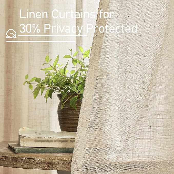 LAMIT Natural Linen Curtains 90 Inch for Living Room, Back Tab and Rod Pocket Linen Textured Sheer Curtains Light Filtering Curtains for Bedroom/French Door, Set of 2, 52 x 90 Inch, Linen