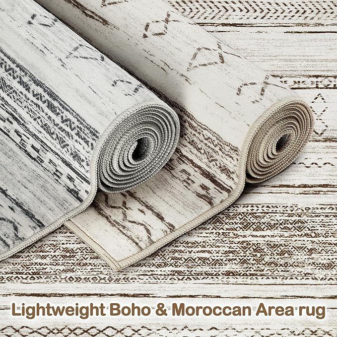 Tortania Area Rug Living Room Rugs - 8x12 Washable Large Soft Neutral Boho Moroccan Bohemian Farmhouse Rug Indoor Floor Carpet for Bedroom Under Dining Table Home Office Decor - Cream Brown